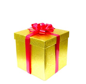 present box in gold wrap on white