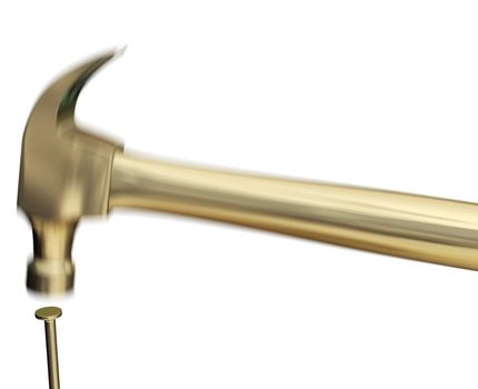 A 3d rendered gold hammer striking a gold nail