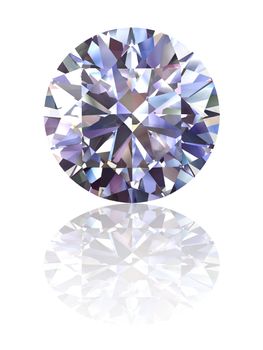Diamond on glossy white background. High resolution 3D render with reflections