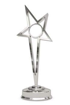 Silver or platinum star prize on pedestal with blank round plate isolated on white. High resolution 3D image