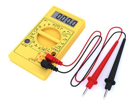 Yellow digital multimeter on white background. High resolution 3D image