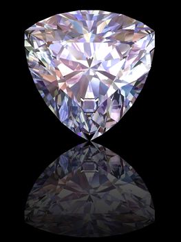 Diamond on glossy black background. High resolution 3D render with reflections