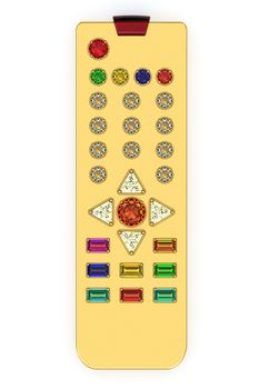 Golden universal remote control with colorful gems buttons on white. Top view. High resolution 3D image