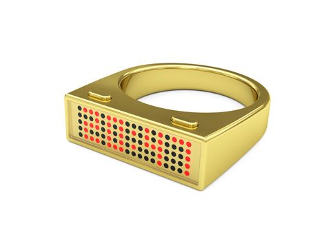 Golden ring with electronic led watch inside. Exclusive design. High resolution 3D image