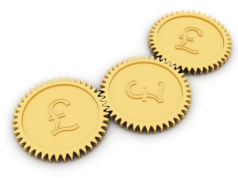 Golden pound gears on white background. High resolution 3D image rendered with soft shadows
