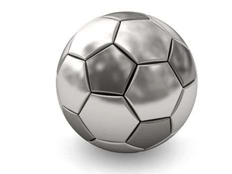 Silver or platinum soccer ball on white background rendered with soft shadows. High resolution 3D image