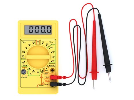 Yellow digital multimeter on white background. High resolution 3D image