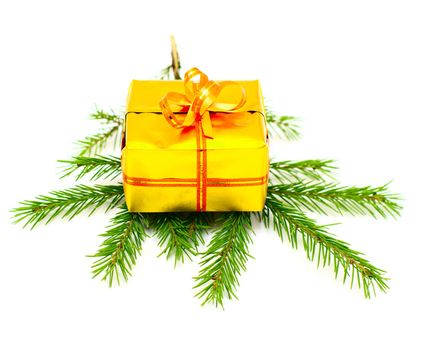 present box in gold wrap on fir branch on white 