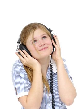 young woman in ear-phone delights in music