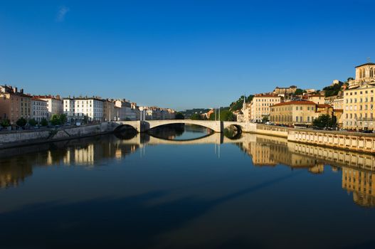Image shows the river Saone running through the city of Lyon in France