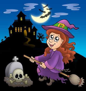 Cute witch on broom with mansion - color illustration.