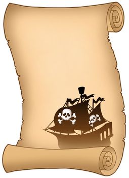 Scroll with pirate ship silhouette - color illustration.
