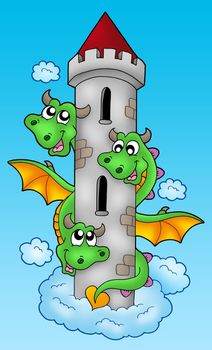 Three headed dragon on sky - color illustration.