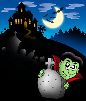 Vampire with haunted mansion - color illustration.