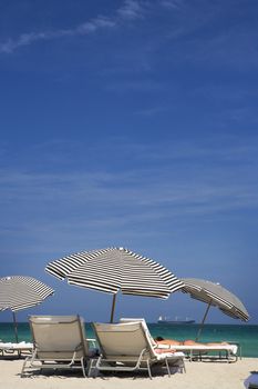 Big umbrellas are staked into the sand for beach goers in sunny Miami, Florida.