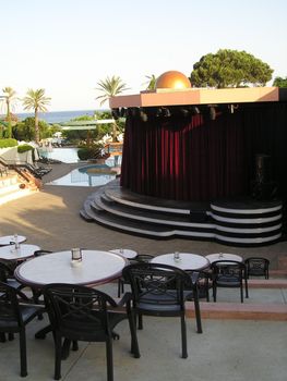 Stage of entertainment in turkish resort hotel in Belek, Turkey