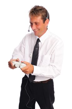 business man taking a break to play video games set on a white background