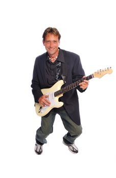 man with an electric guitar rocking out on a white background