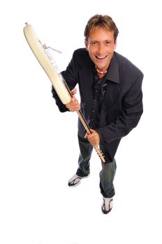 man with an electric guitar rocking out on a white background