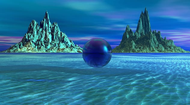 Blue landscape with two mountains and a ball in the center