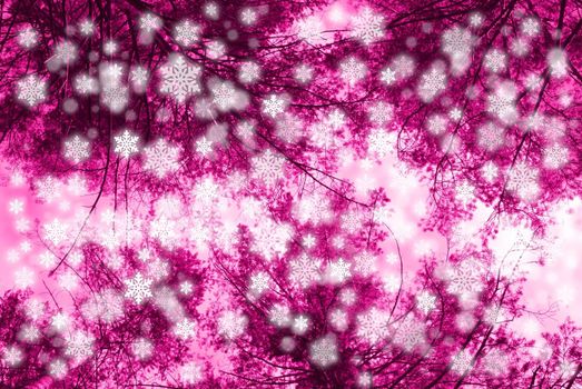pink christmas background, trees and snowflakes