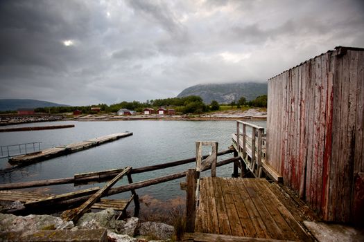 A detail of a small fishing village in northern Norway