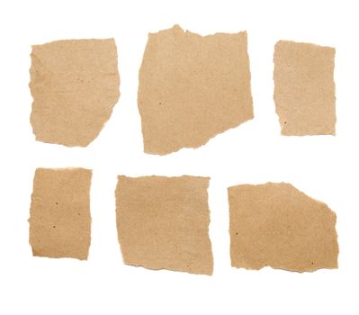 collection of brown ripped pieces of paper on white background