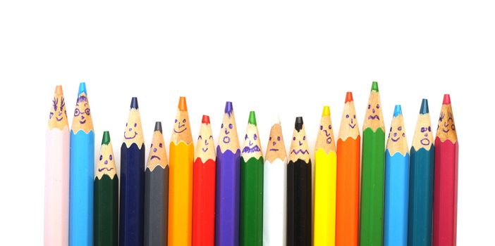 Happy group of pencil faces isolated on white 