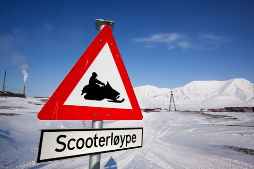 A sign for a snowmobile trail in Longyearbyen, Spitsbergen, Svalbard, Norway