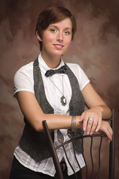 Attractive Red Haired Young Adult Female Portrait Leaning on Chair Against Muslin Background.