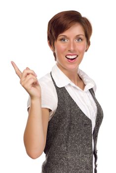 Pretty Smiling Young Red Haired Adult Female Pointing Up and Over Isolated on a White Background.