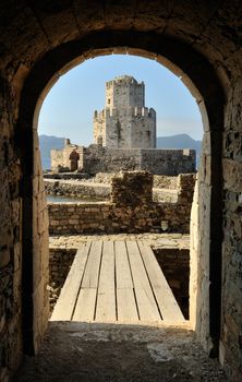 The watchtower of the castle at Methoni, southern Greece, framed by a castle gate