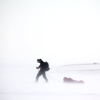 An adventurer in a cold winter storm