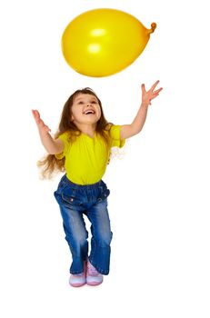 A little girl chasing balloon isolated on white background