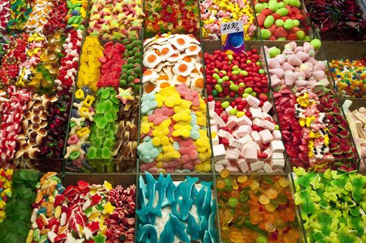 Candy stand at Boqueria Market in Barcelona, Spain.