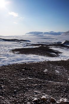 A cold and barren winter landscape in Svalbard, Norway