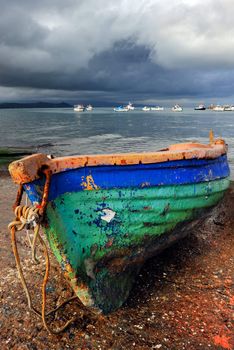 Picture of a laid out old weathered fishing boat