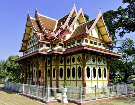 A colorful train station built for the king of thailand in Hua Hin