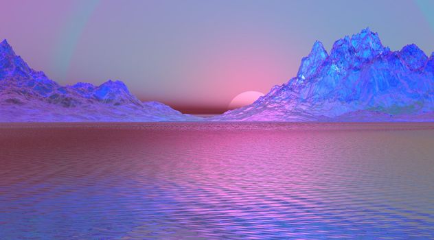 Landscape purple blue Zen with two mountains of ice