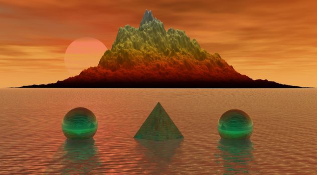 Mountain at the edge of the water and on the water pyramid and balls