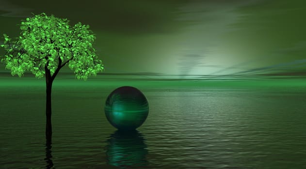 Green landscape with a tree and a ball.