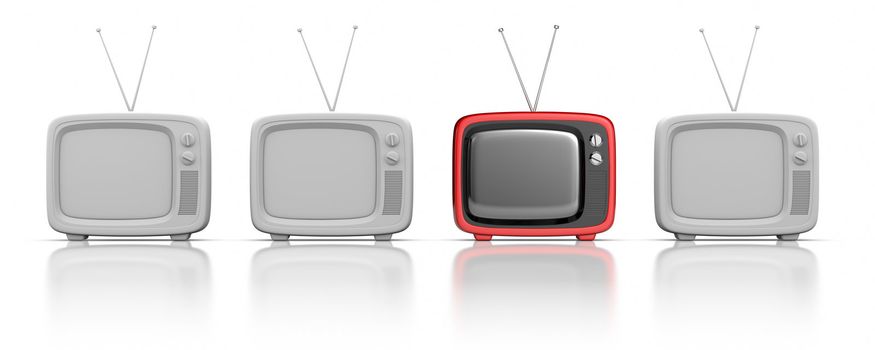 3D rendred retro TV's in a row.