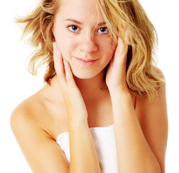 Beautiful young spa woman on white, from a complete series of photos.