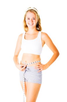 Young woman measuring herself on white, from a complete series of photos.