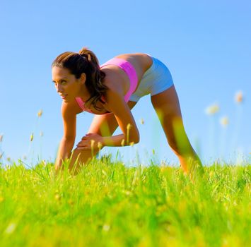 Athletic woman working out in a meadow, from a complete series of photos.