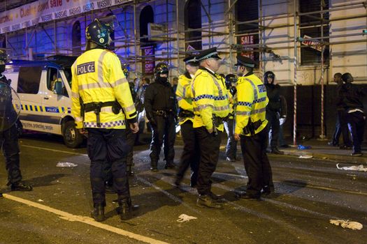 Police in newton Street manchester after the riots that took place after the UEFA football cup with the Glasgow rangers following a screen failure on Piccadilly gardens