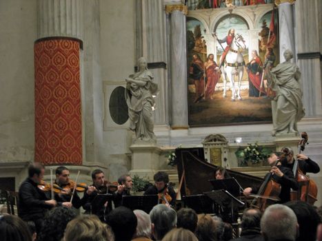 The Interpreti Veneziani Ensemble performs in San Vidal Church in Venice, Italy.