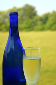 A full glass of white wine outside on a beautiful day.