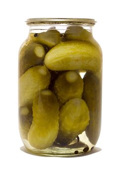 glass jar with preserved cucumbers, isolated on white