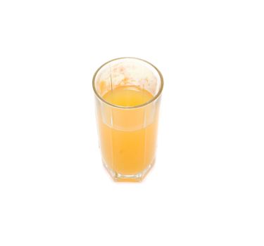 glass with orange juice and orange behind him, isolated on white